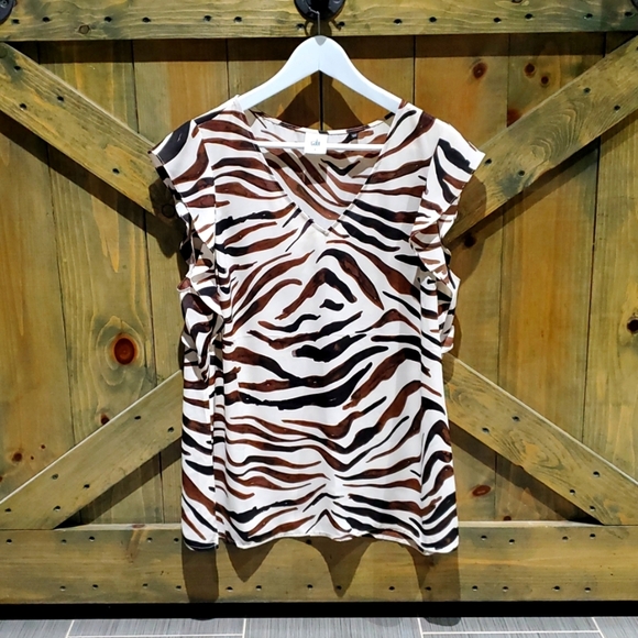 CABI 3771 ANIMAL ZEBRA PRINT VNECK CREAM BROWN RUFFLE FLUTTER SLEEVE SIZE LARGE - Picture 1 of 7